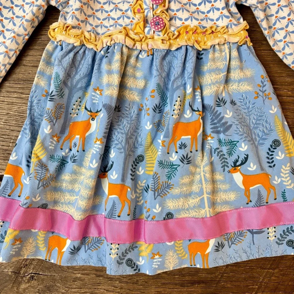 Matilda Jane (Make Believe) Hearth & Home Dress Ruffles Deer Buttons Size 12-18m